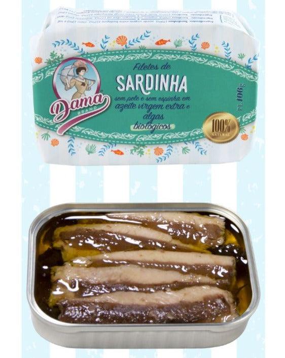 Sardinių filė ekologiškame pirmojo spaudimo alyvuogių aliejuje su jūros dumbliais, be odelių ir kaulų (BIO) | Dama