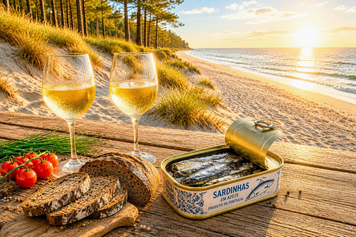 Golden sunset beach picnic with an open tin of Portuguese sardines, dark rustic bread, cherry tomatoes, and two glasses of chilled white wine on a natural wooden deck overlooking the sea.