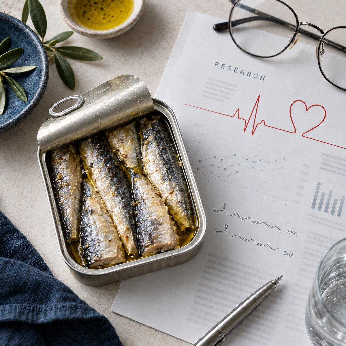 An open tin of sardines placed next to a research document with a cardiovascular heart graph, glasses, and a pen on a table.